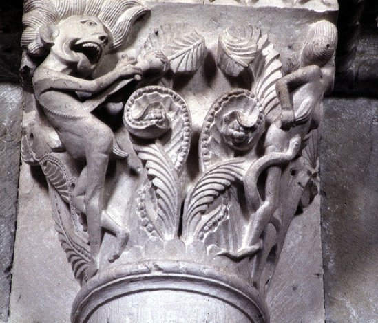 Personification of Anger (detail). Sculpted capital, Church of Saint Madeline, Vézelay, France, C. 1130.