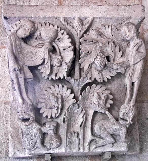 Personification of Angers and Avarice. Sculpted capital, Church of Saint Lazarus, Autun, France. C. 1130.