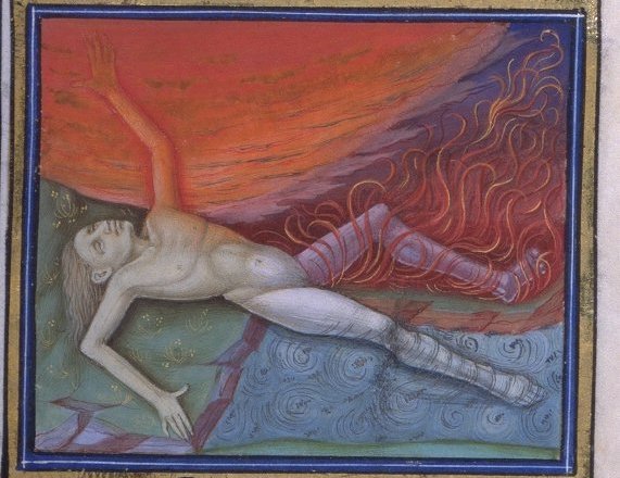 Late medieval illustration of the four humors and the human body. The flames that devour the man’s leg in the upper right section are the choleric or angry part.